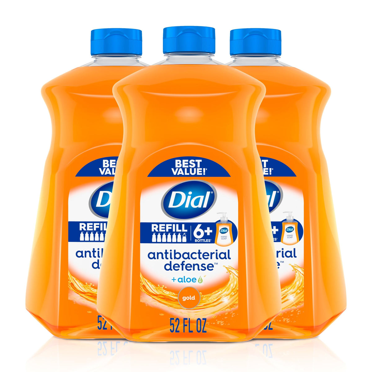 Dial front packaging showing gold scent refill and clear branding, promotes dependable cleanliness