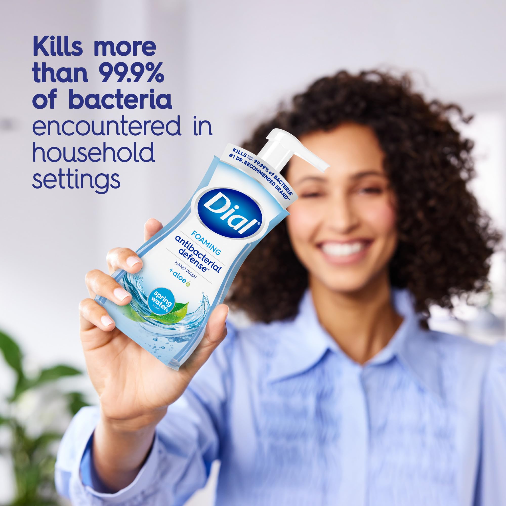 Dial refill bottle closeup label highlighting ingredients and antibacterial benefit for confidence