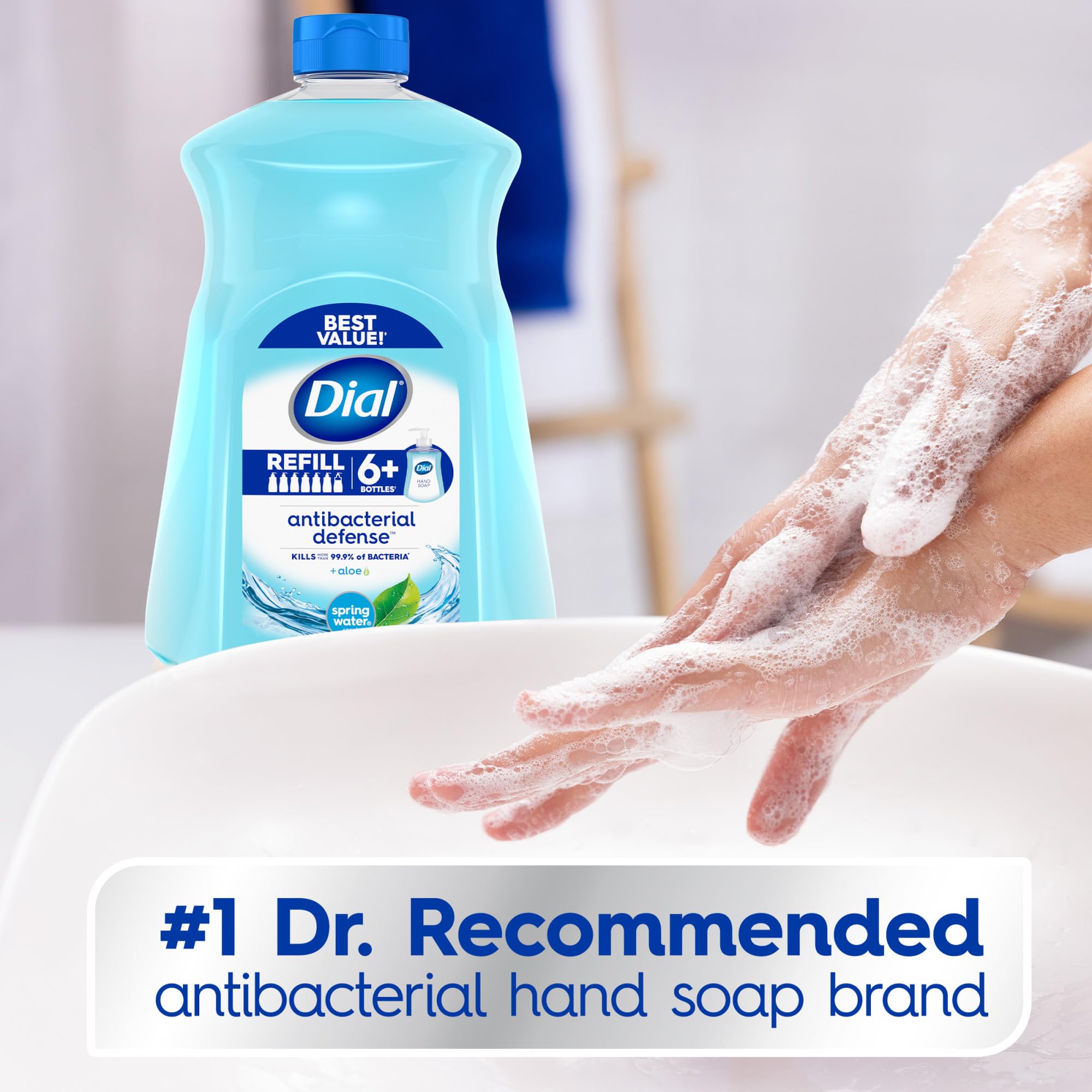 Dial refill being poured into sink demonstrating easy transfer and convenience