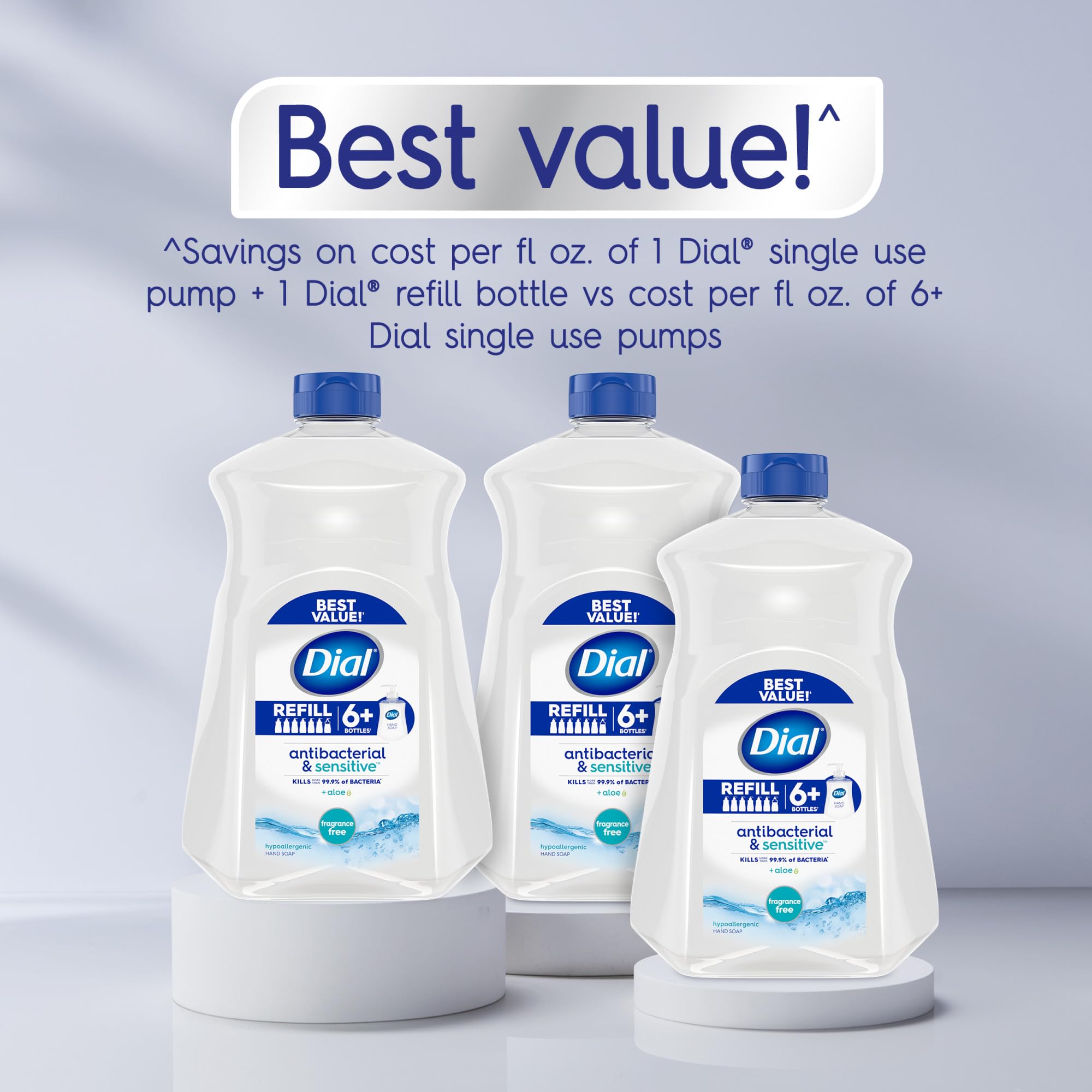 Dial being poured into a smaller pump bottle demonstrating economical refill
