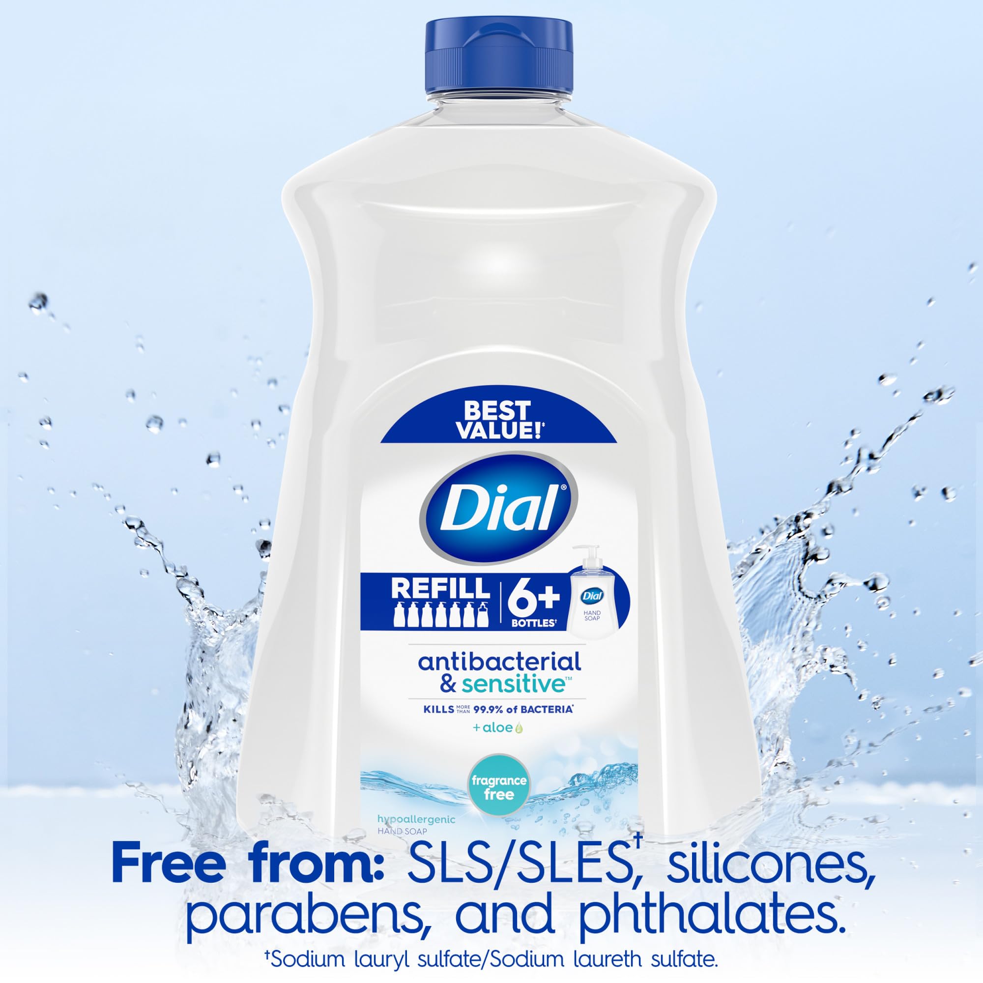 Dial next to a 7.5 fl oz bottle illustrating how many refills one bottle provides
