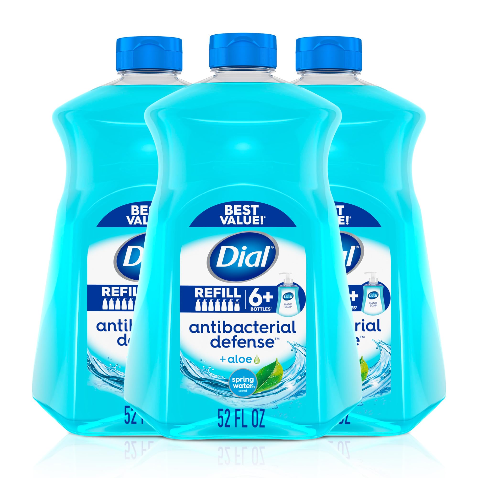 Dial spring water front packaging shows large refill volume and fresh scent benefit