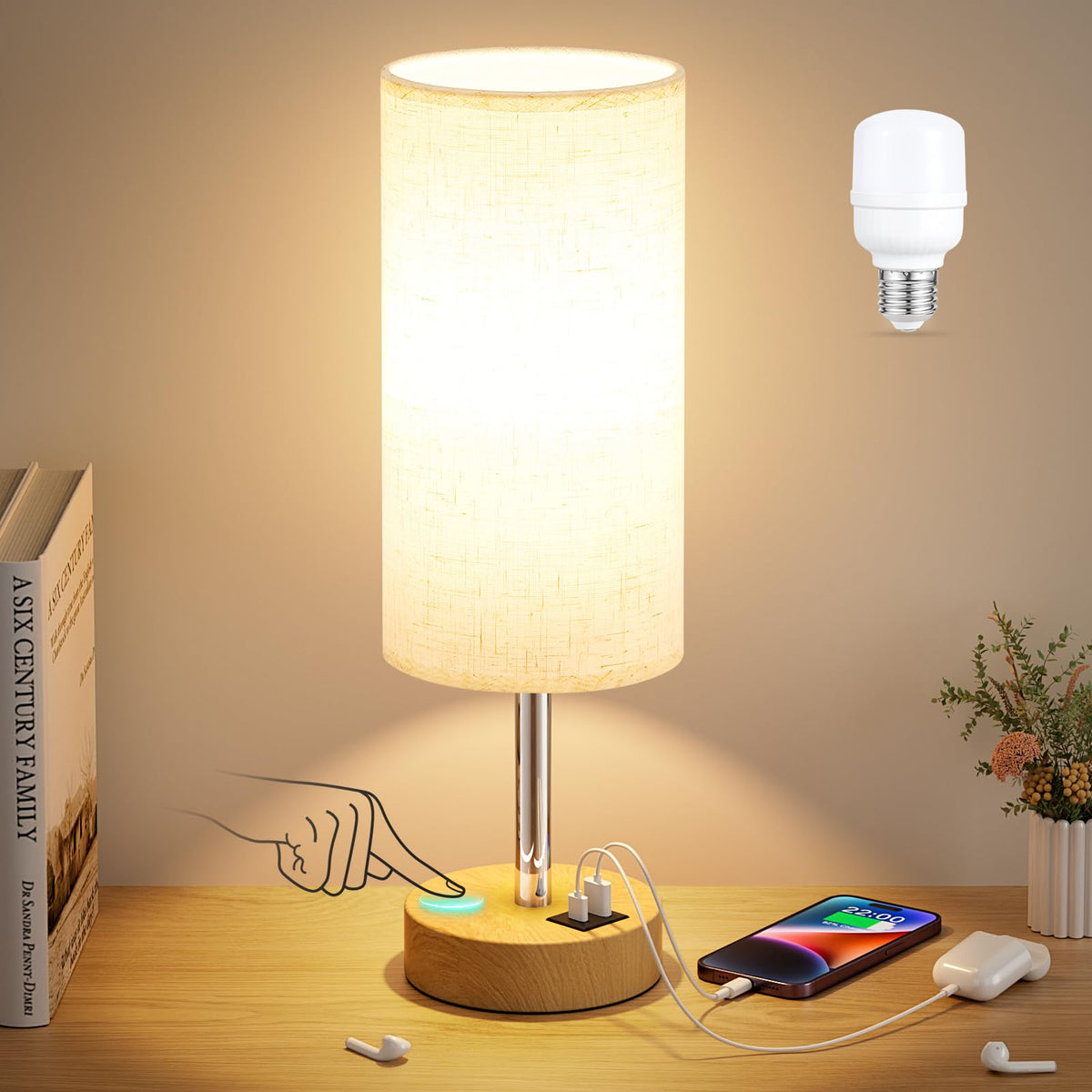 Dicoool lamp front view showing compact bedside design and soft glow for cozy lighting