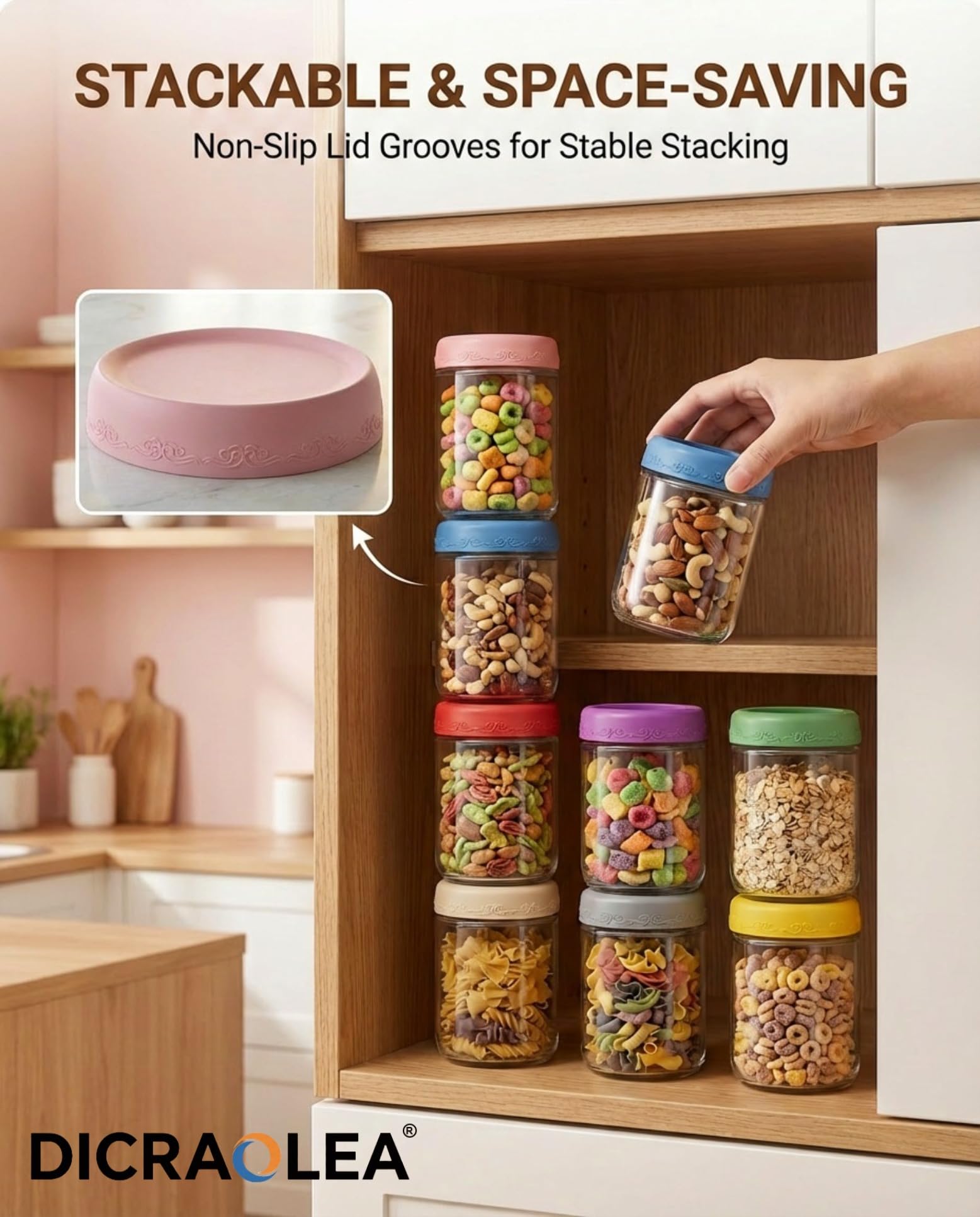 DicraoLea jars arranged in fridge demonstrating organized food storage