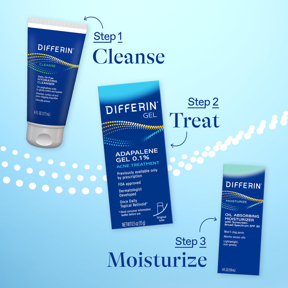 Applying Differin to cheek demonstrating targeted blemish treatment benefit