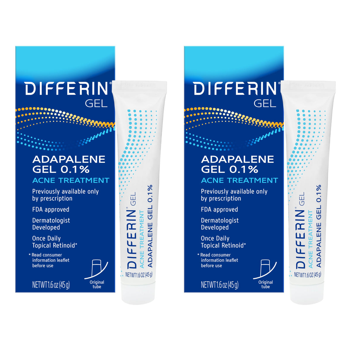 Differin tube front view showing brand and compact packaging benefit