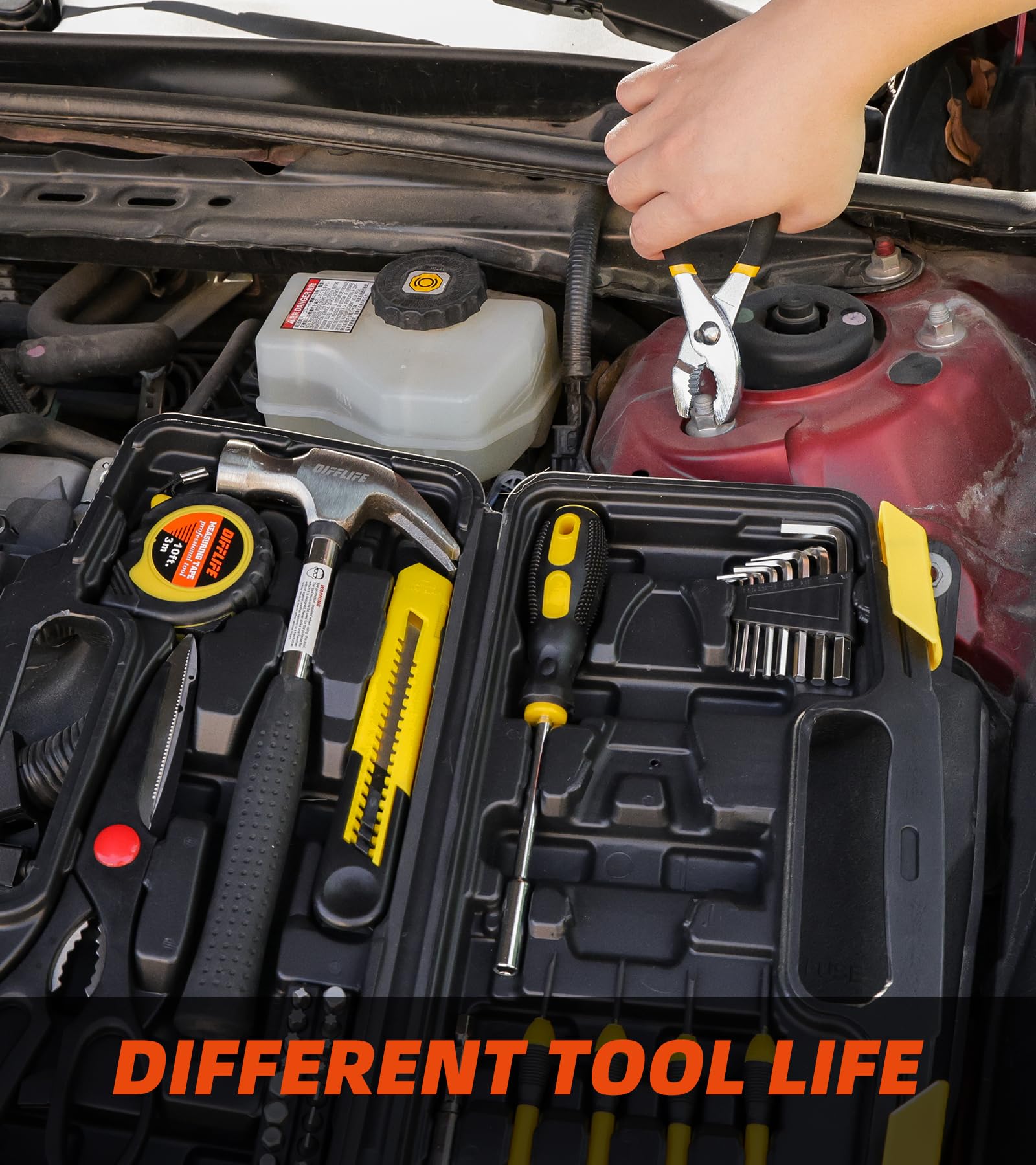 DIFFLIFE tools arranged in garage lifestyle scene showing ready-to-use convenience