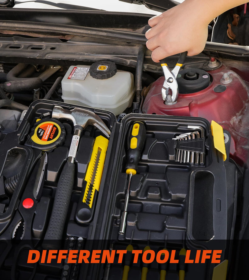 DIFFLIFE tools arranged in garage lifestyle scene showing ready-to-use convenience