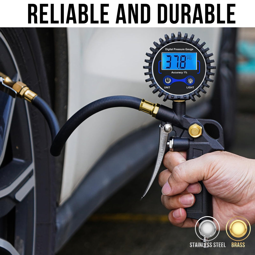 DigitPro inflator attached to car tire valve demonstrating easy inflation