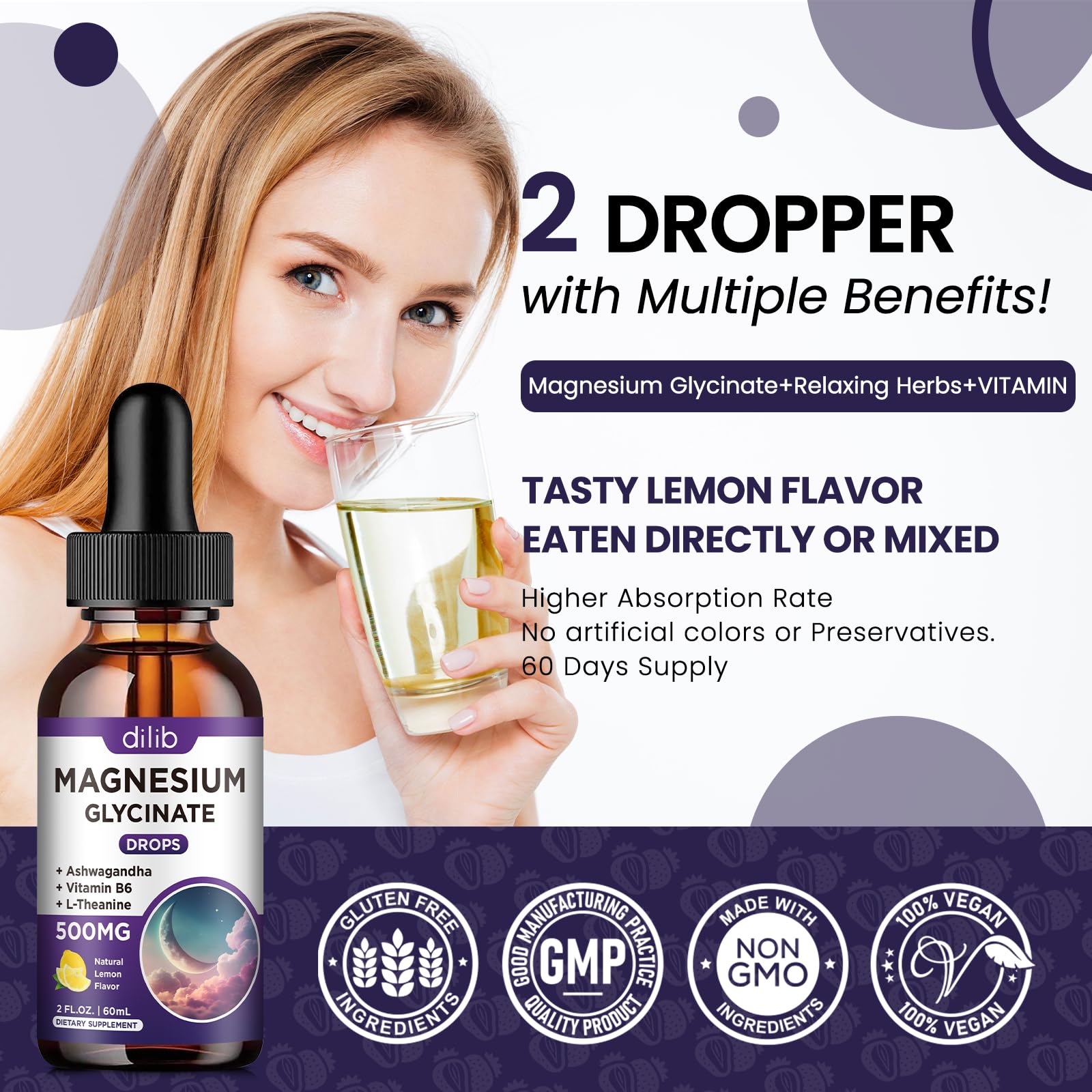 dilib closeup label ingredients highlighting magnesium glycinate and vitamin B6 benefits