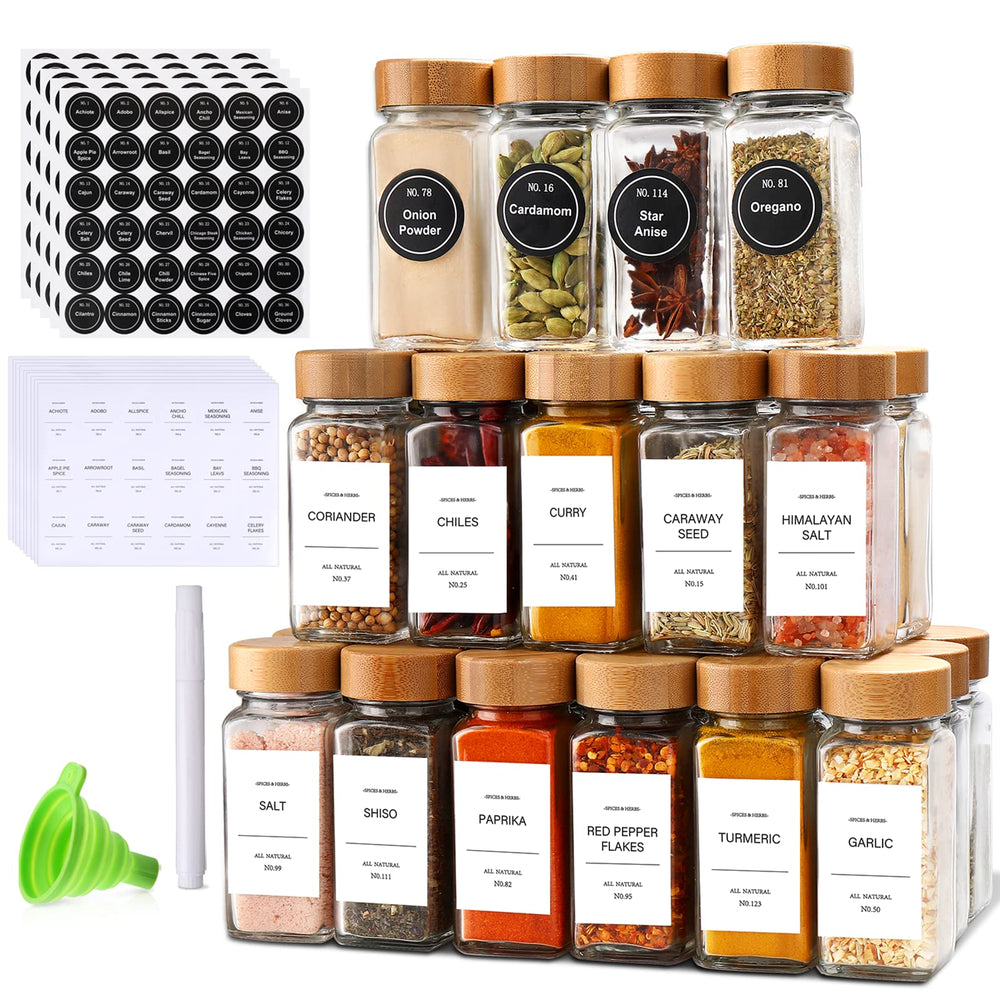 DIMBRAH front view of 24-piece spice jar set showing uniform glass and bamboo lids for neat storage