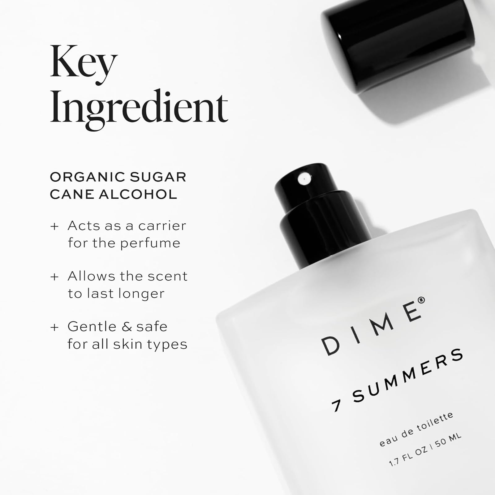 DIME composition flatlay with bergamot pear and vanilla orchid suggesting scent layers