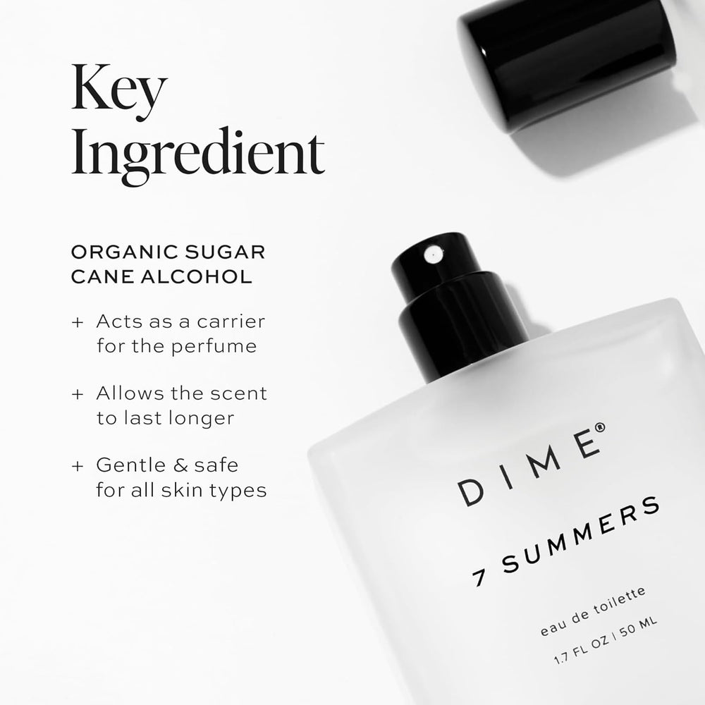 DIME composition flatlay with bergamot pear and vanilla orchid suggesting scent layers