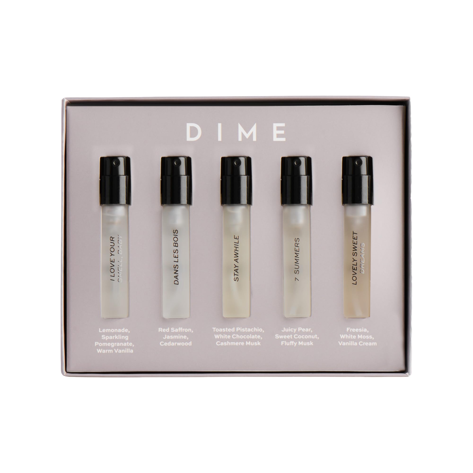 DIME sampler front packaging showing five 2 ml vials, ideal for testing scents