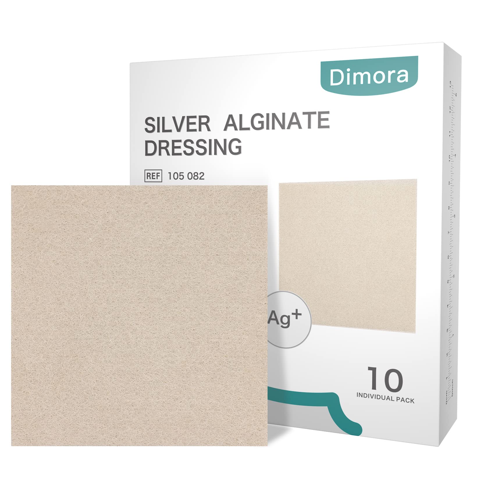 Dimora front packaging showing 4x4 silver alginate pads, clear product visibility and protection