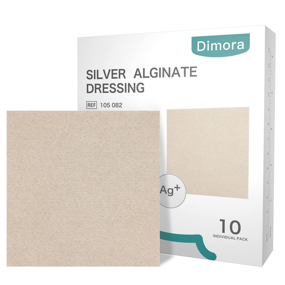 Dimora front packaging showing 4x4 silver alginate pads, clear product visibility and protection