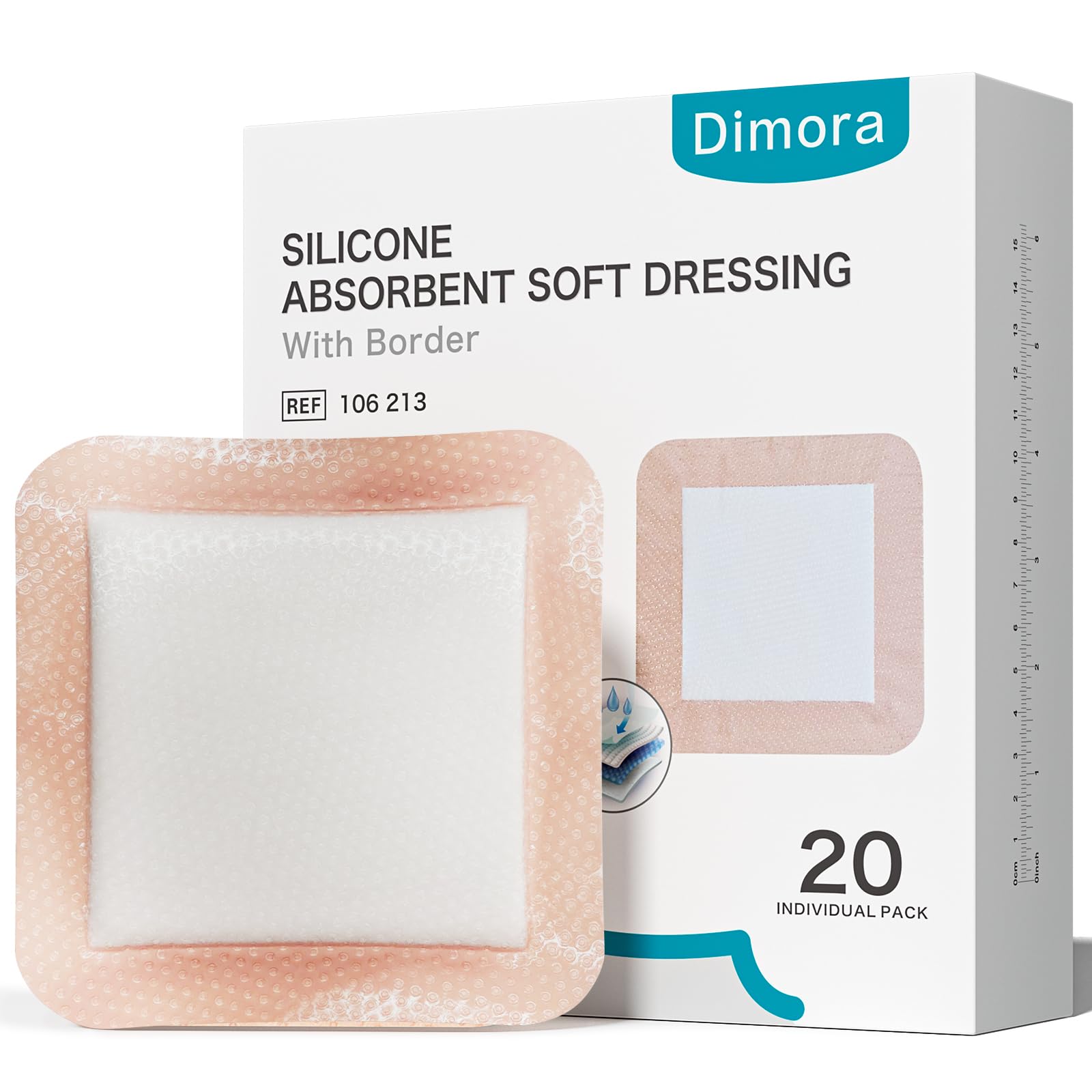 Dimora front packaging showing 20 count large 6x6 dressings and clear labeling benefit