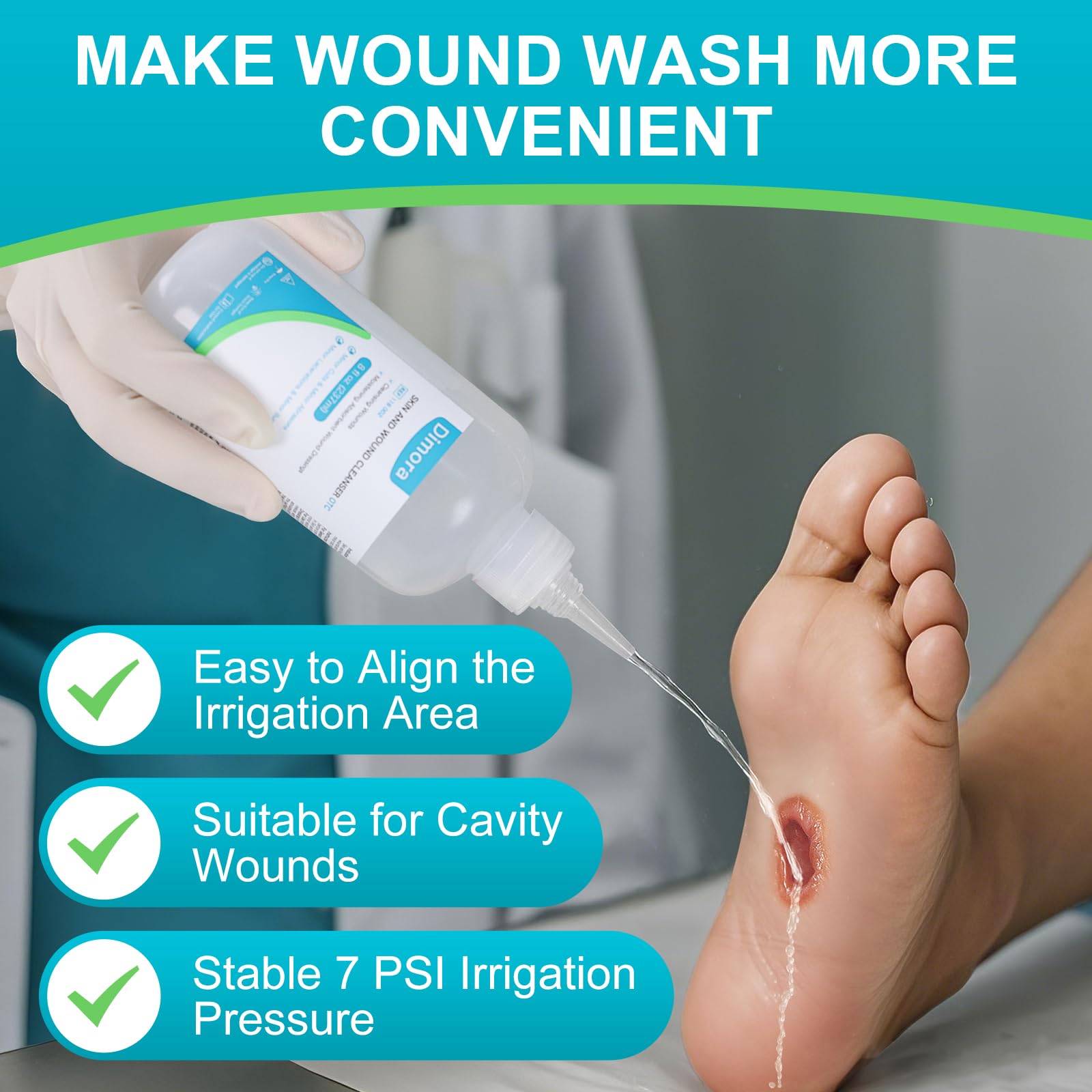 Dimora bottle in hand cleansing a minor cut with precise, non-stinging wash