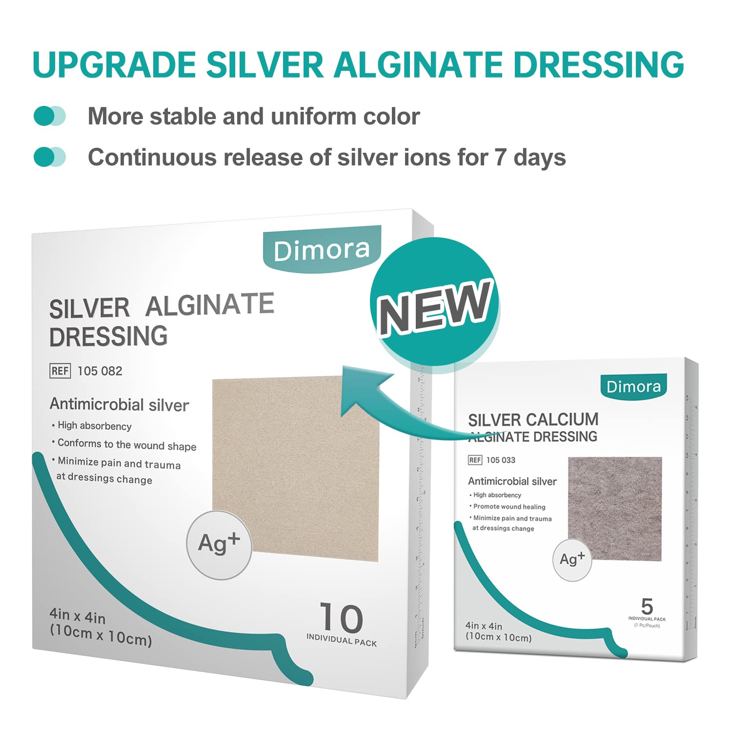 Dimora sterile sachet opened to reveal a single packaged alginate pad for ready use