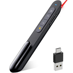 DinoFire front view showing compact presenter with clip, ergonomic benefit