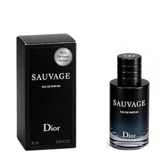 Dior Sauvage travel bottle front view showing sleek design and portability