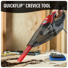 Dirt Devil Scorpion Plus open XL dirt cup showing easy-empty feature for fewer trash trips
