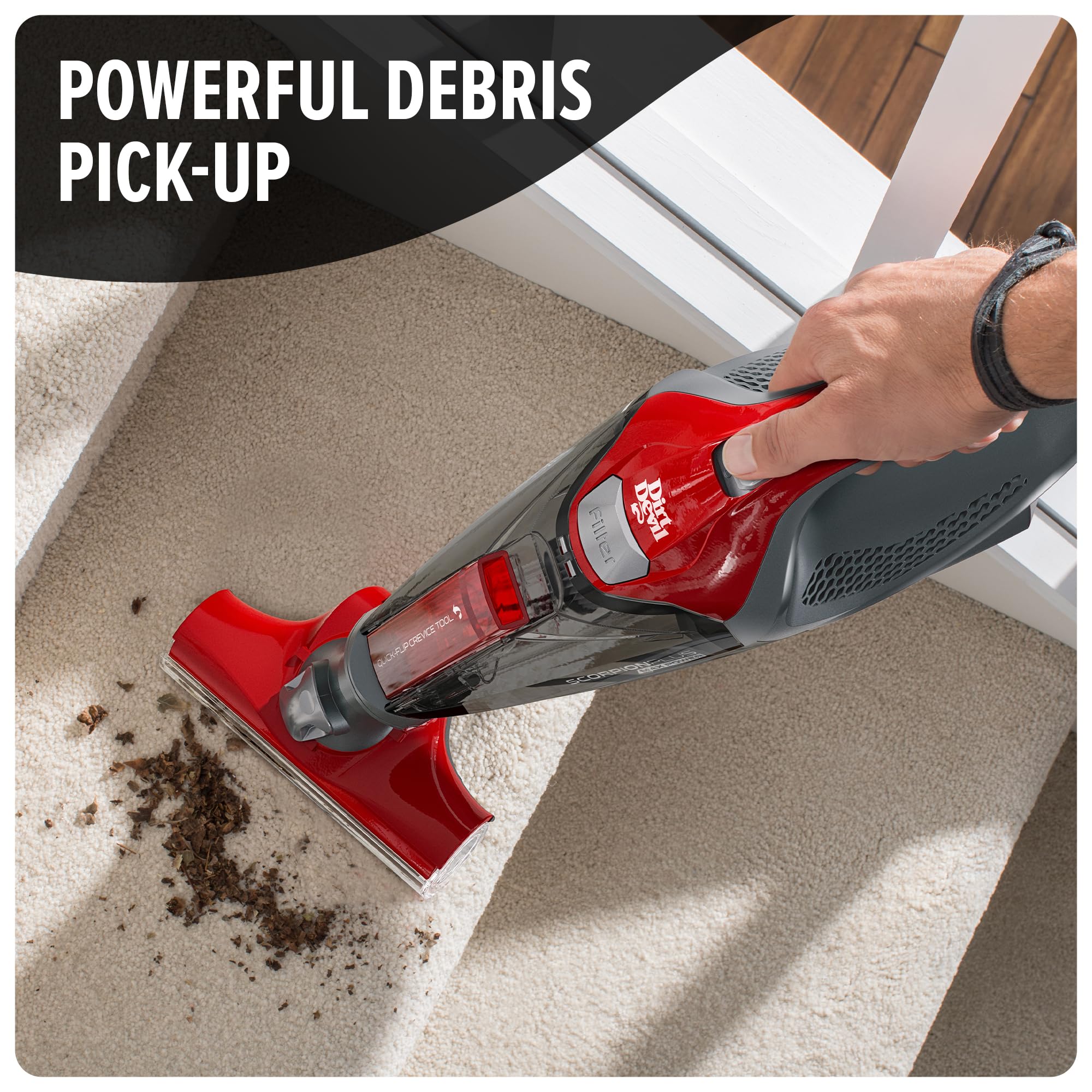 Dirt Devil Scorpion Plus cleaning stairs in use demonstrating lightweight portability and convenience