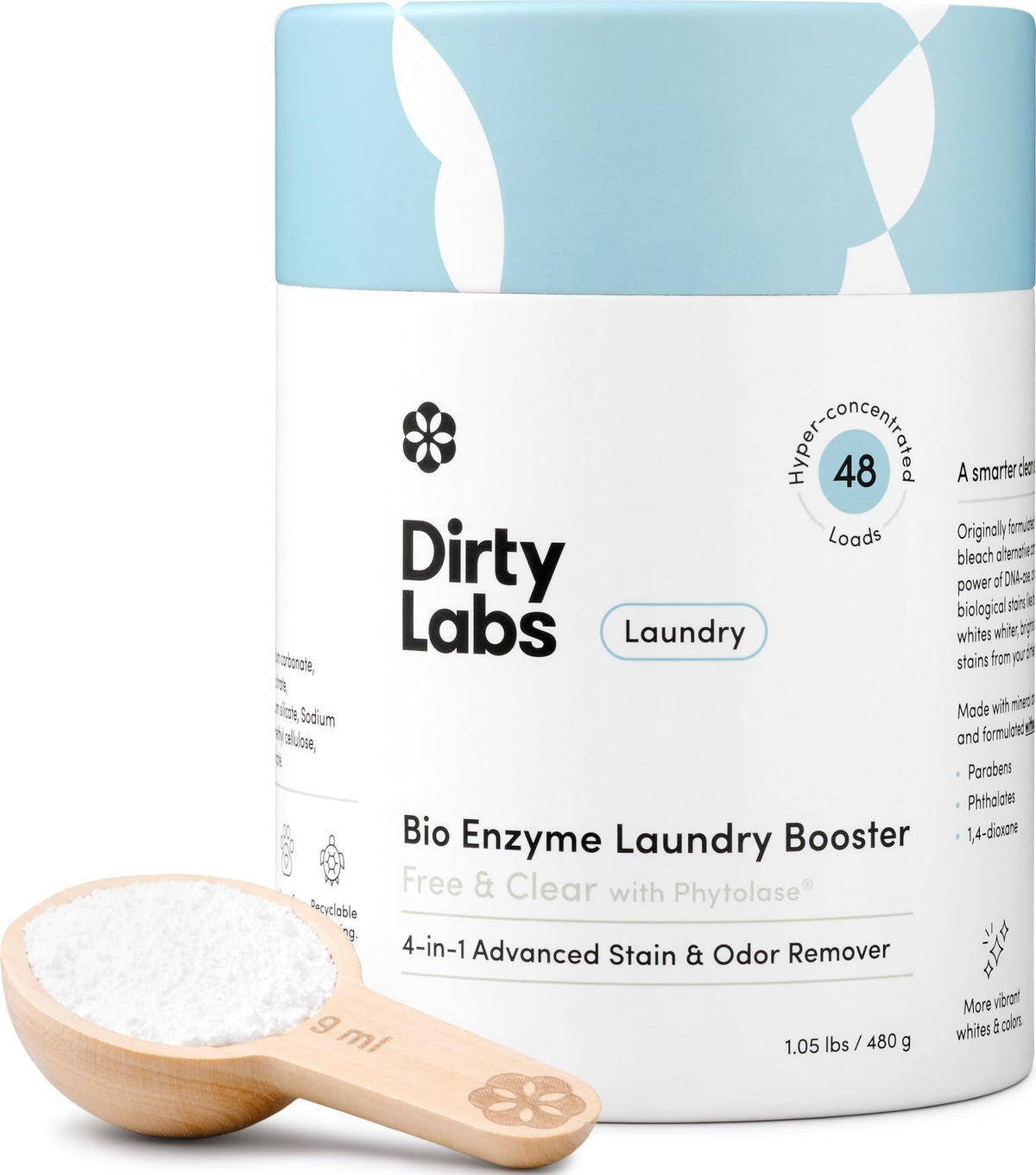 Dirty Labs front packaging showing scent-free booster benefits
