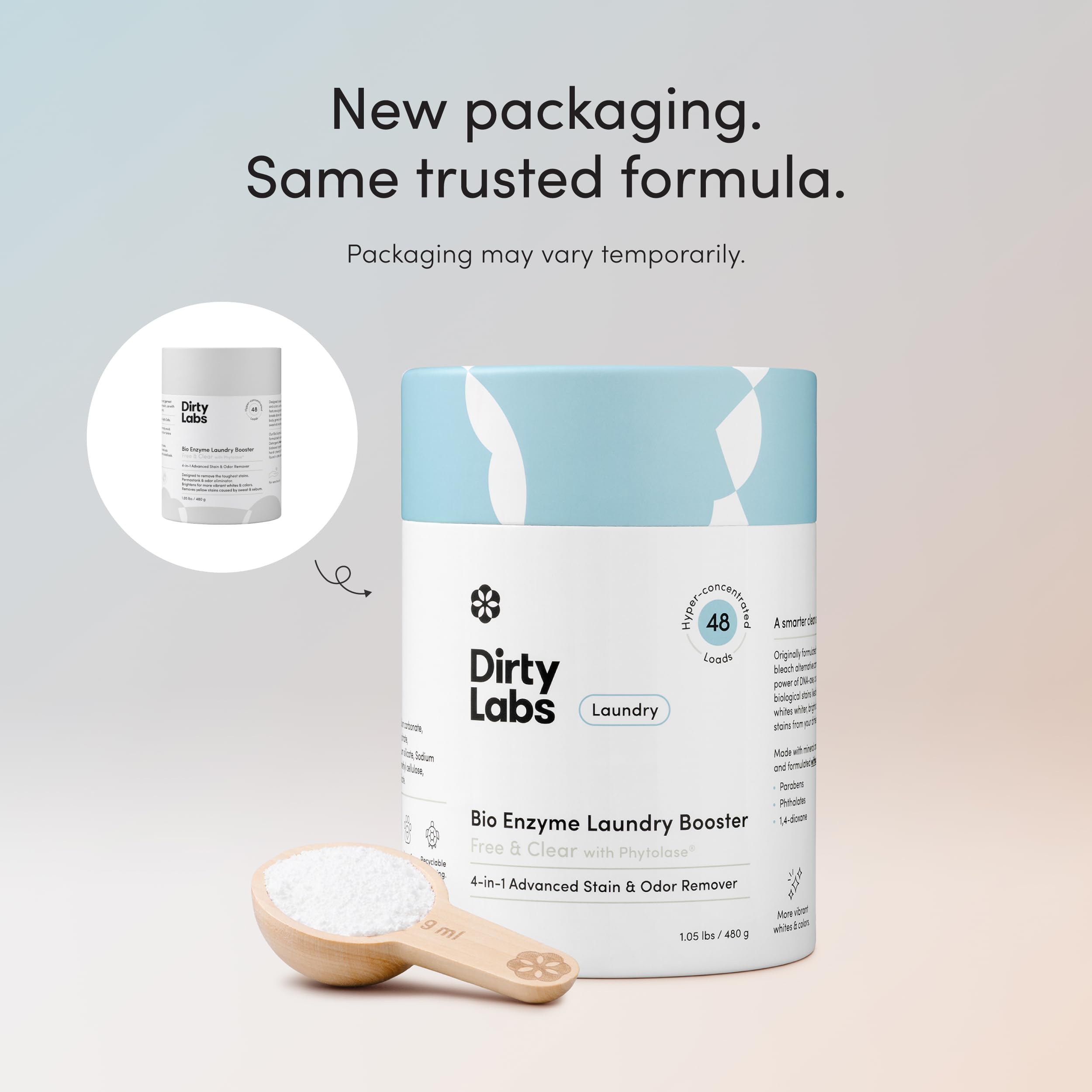 Dirty Labs label and ingredient list showing biodegradable formula