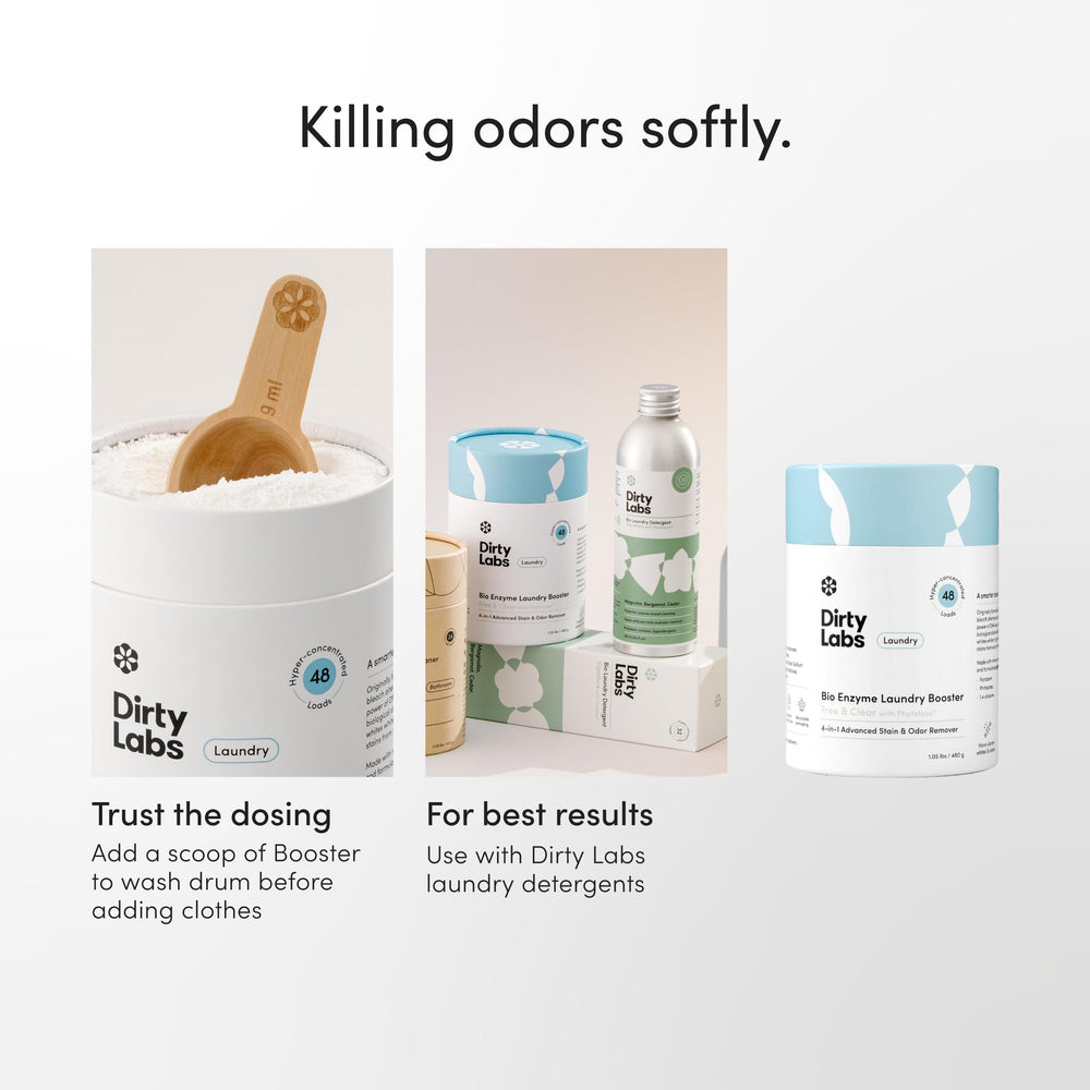 Dirty Labs jar on bathroom shelf demonstrating neat sustainable storage