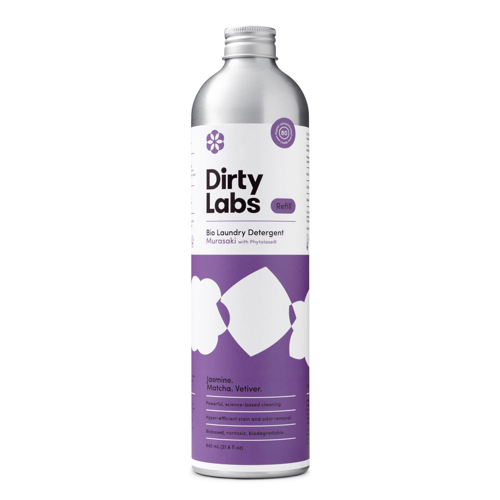 Dirty Labs Murasaki front bottle showing recyclable aluminum and fragrance label benefits