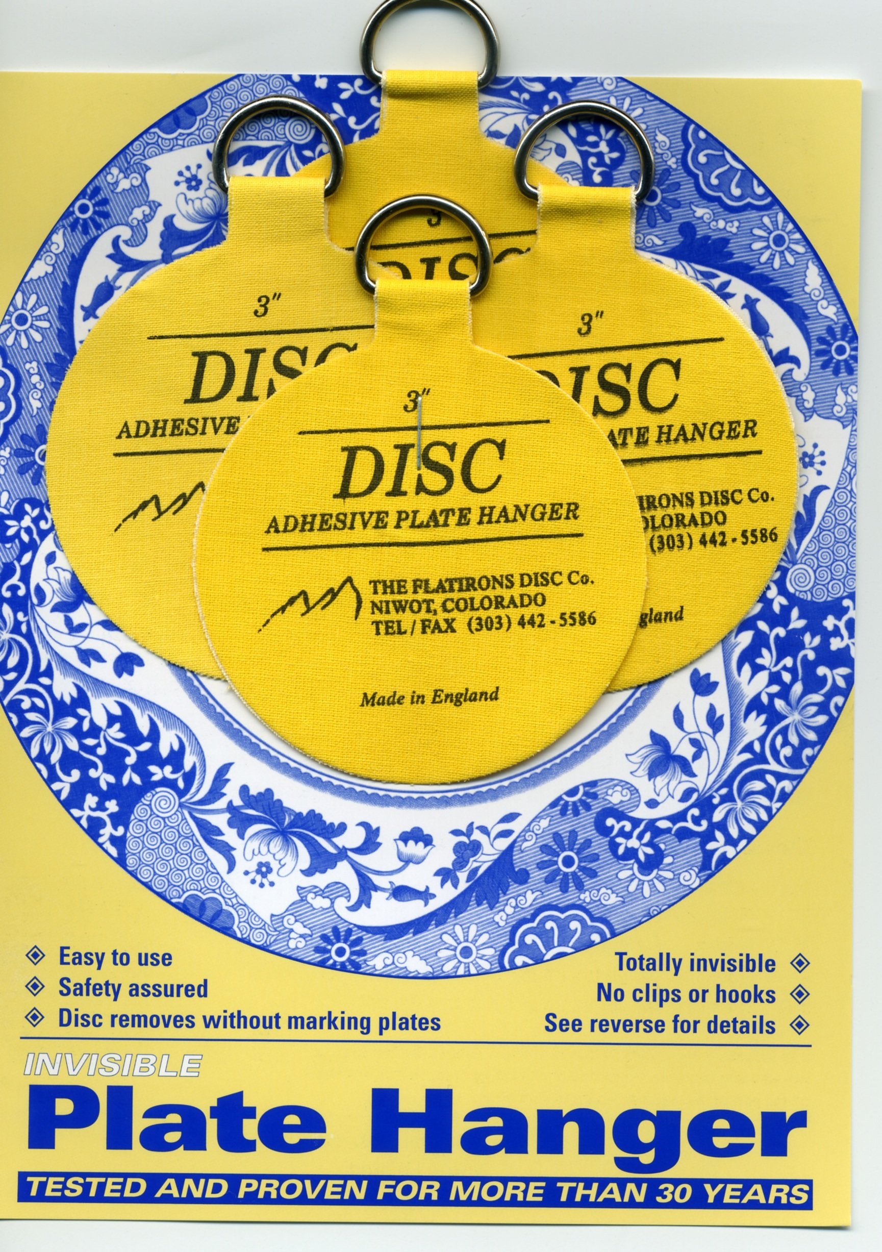 Disc brand front pack showing four 3-inch adhesive plate hangers and benefits