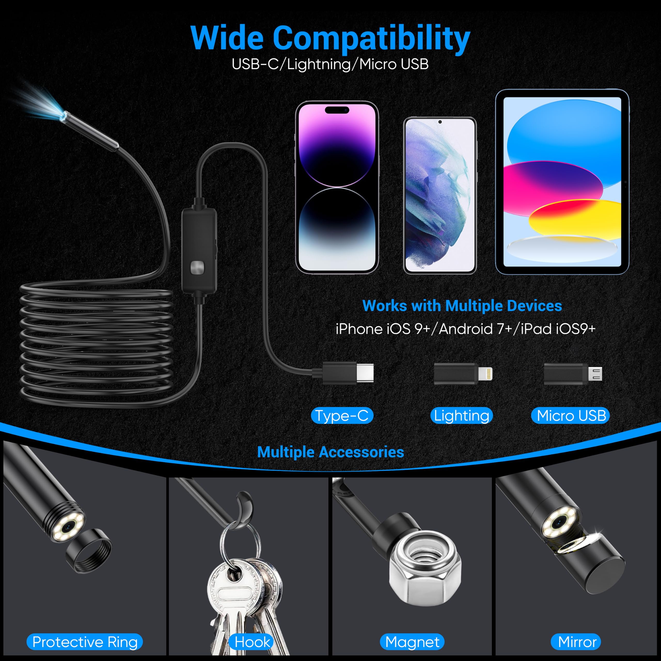 Ditomil accessory kit laid out including magnet hook adapters for versatile inspections