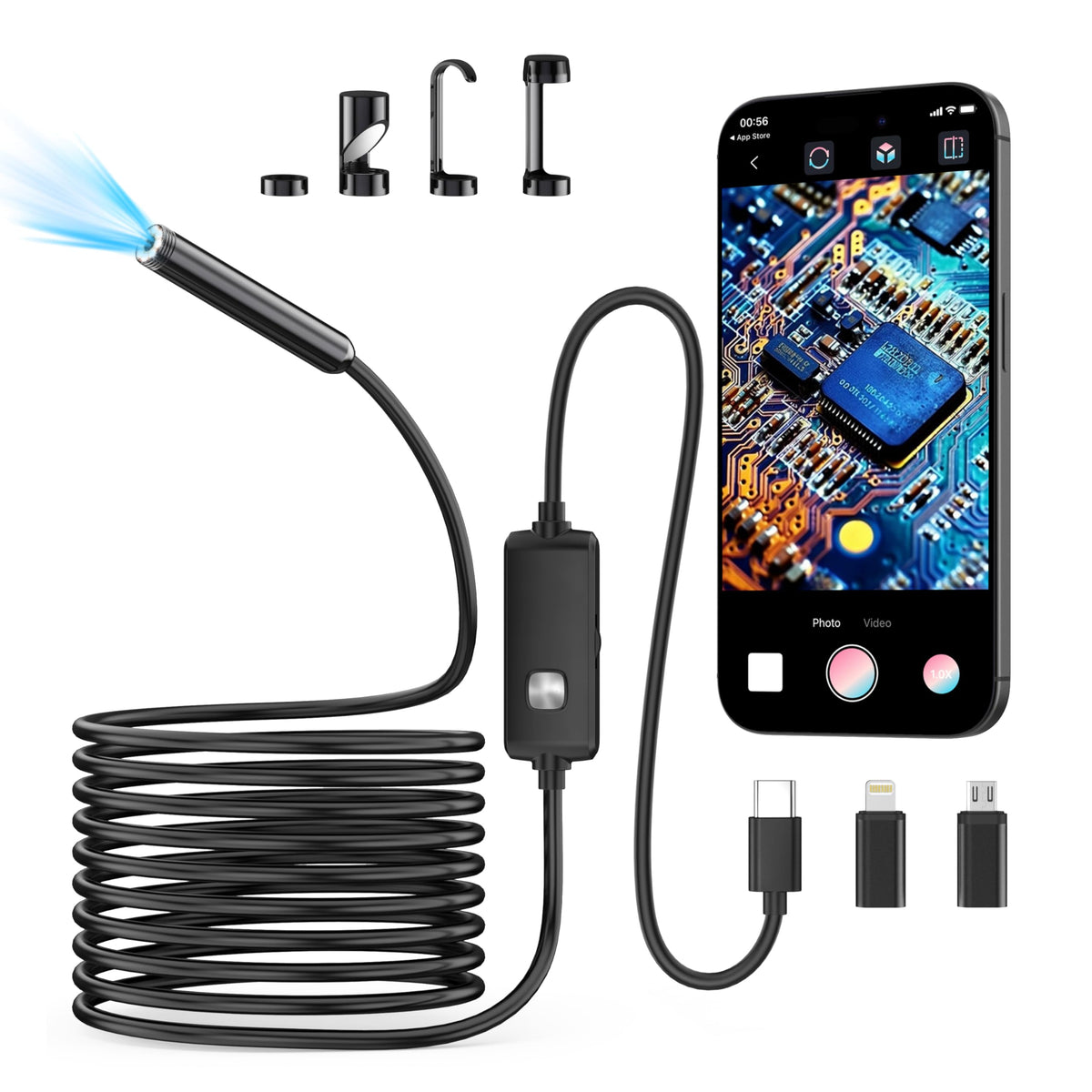 Ditomil front view of packaged endoscope camera showing compact kit and connectors