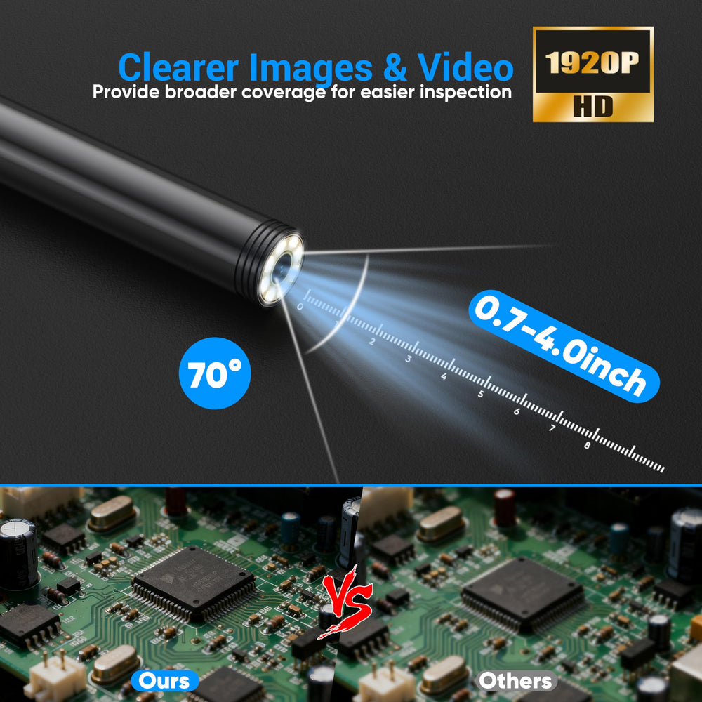 Ditomil close-up of 7.9mm waterproof probe highlighting lens clarity and LEDs