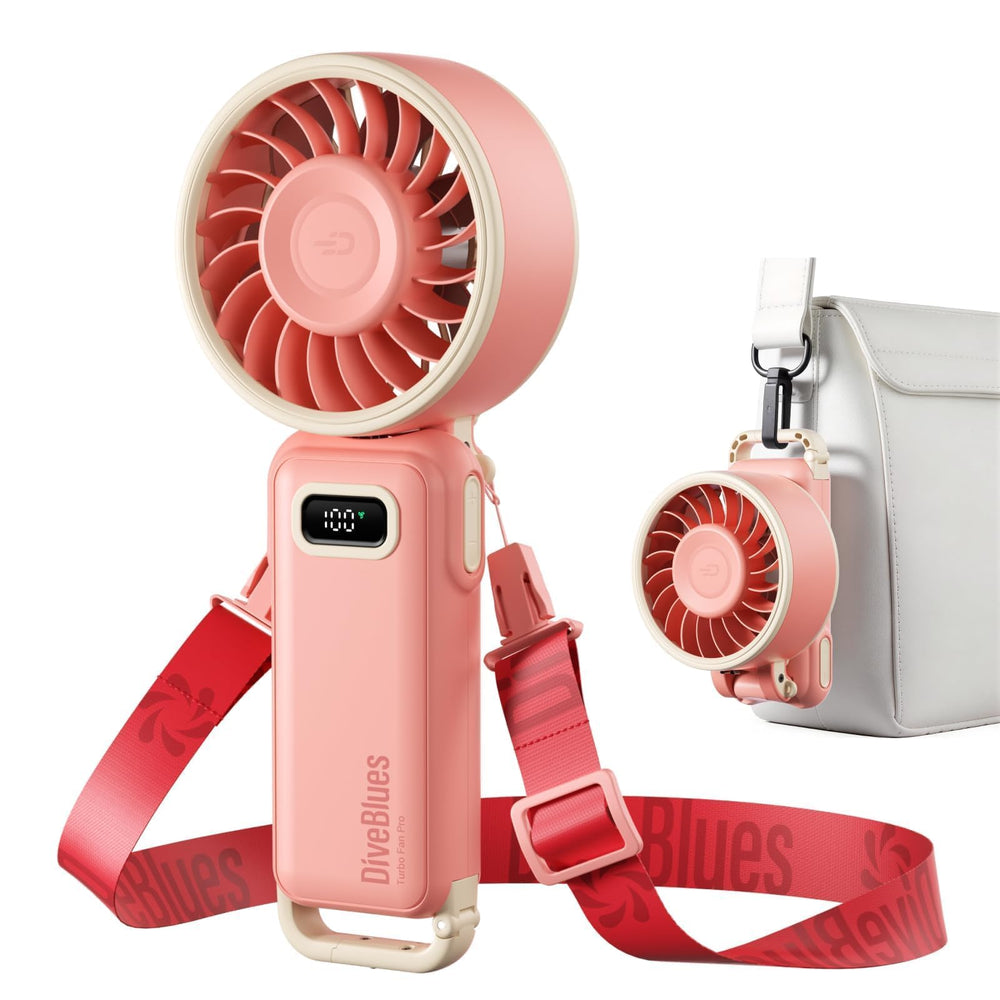 Diveblues front view of pink fan showing compact profile and instant cooling