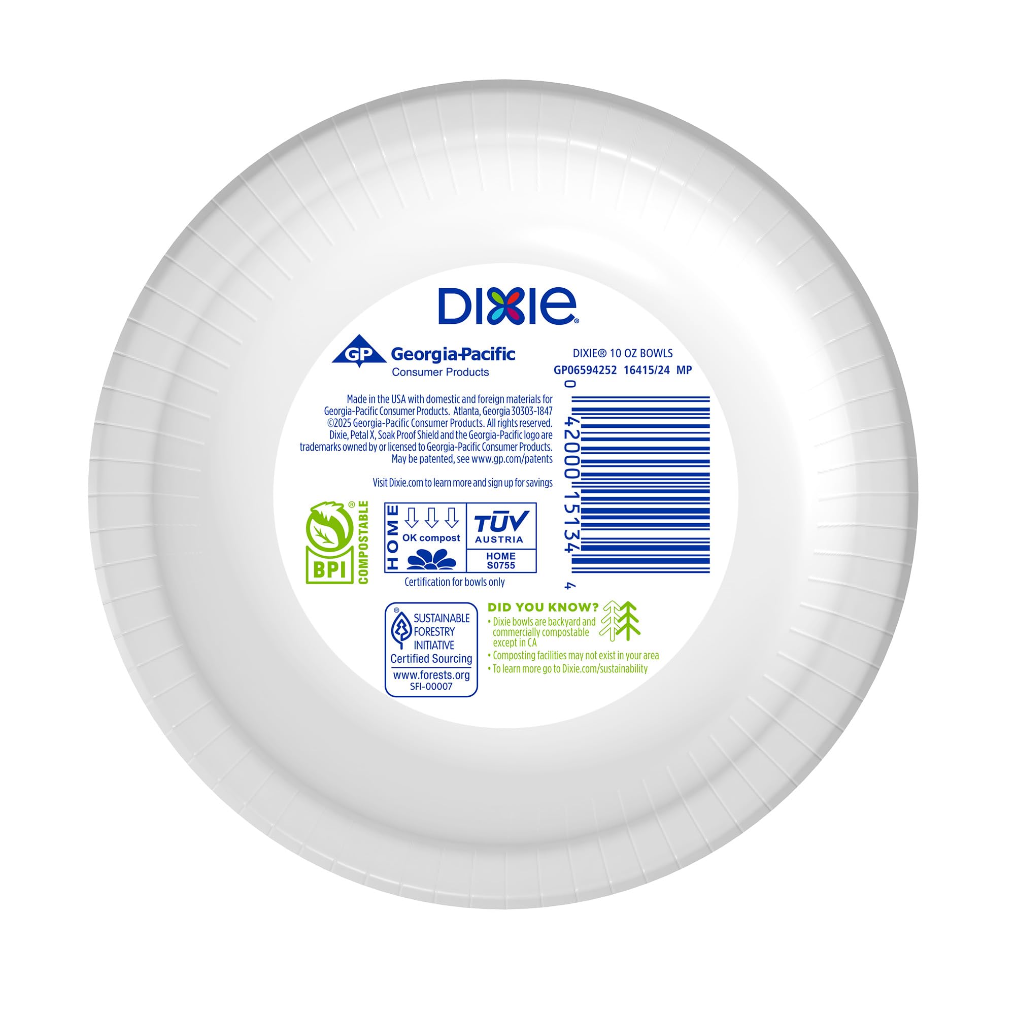 Dixie label and composition details showing compostable info