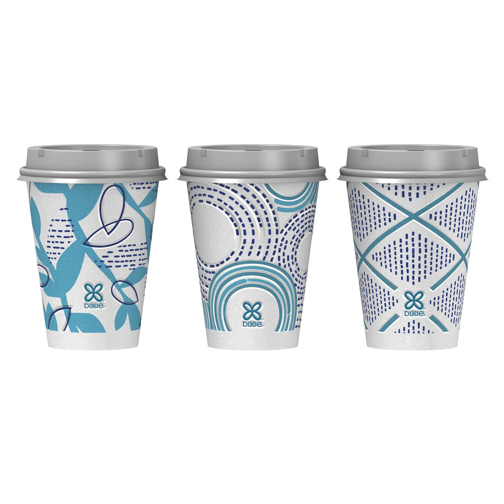 Dixie 12 oz cup with lid on table keeping beverage covered and warm