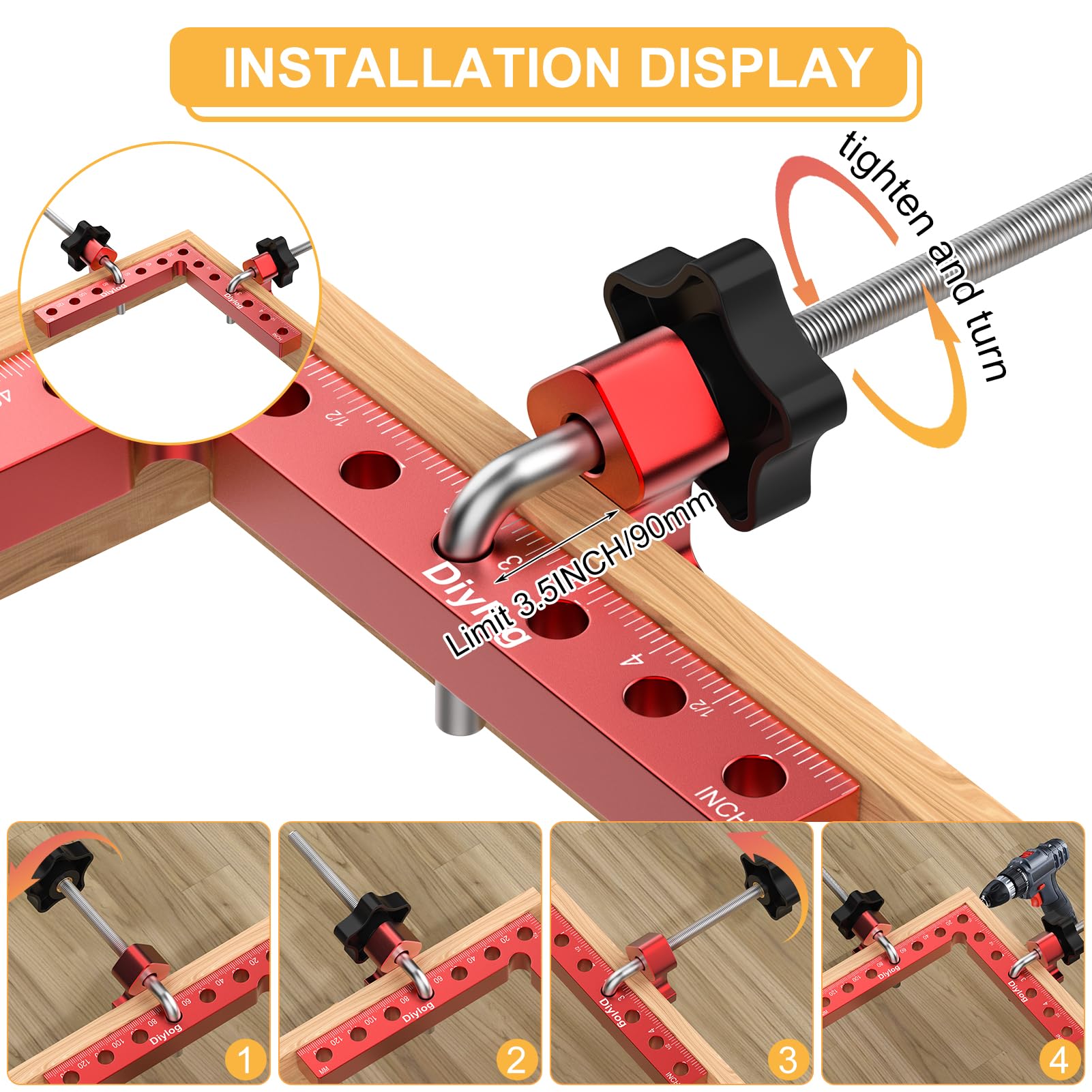 Diylog clamp securing a picture frame corner to speed glue-up and keep square