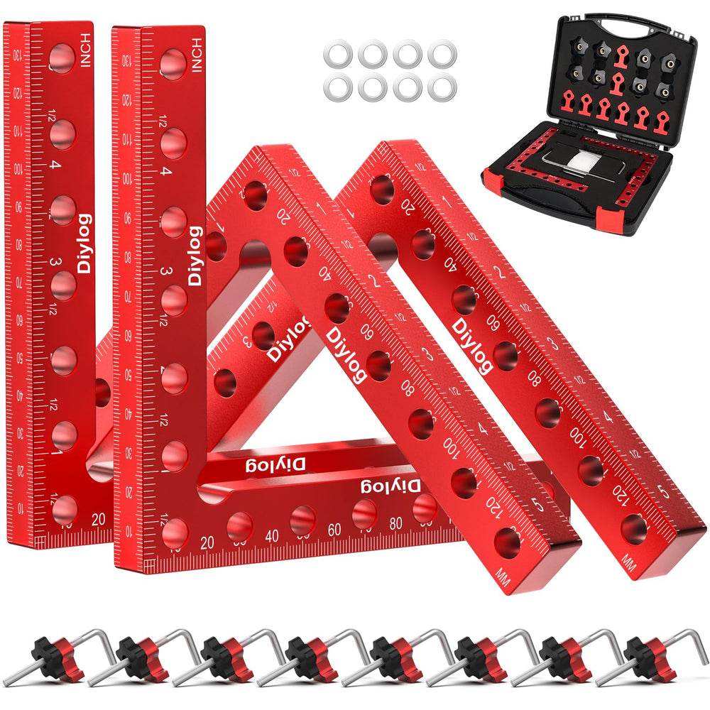 Diylog front view of four 90° aluminum corner clamps in storage box for neat organization