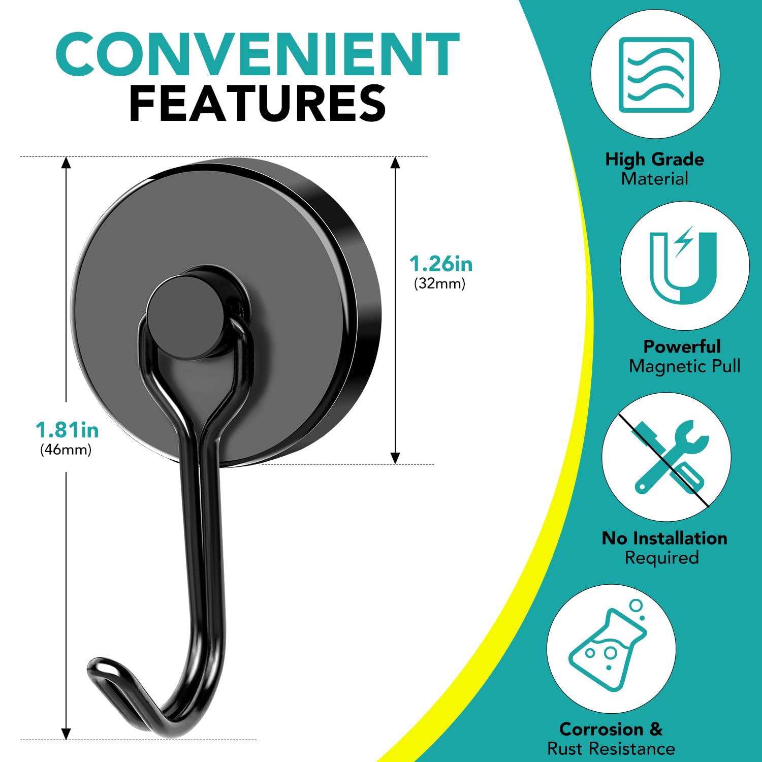 DIYMAG close-up of magnet and hook showing sturdy construction benefit
