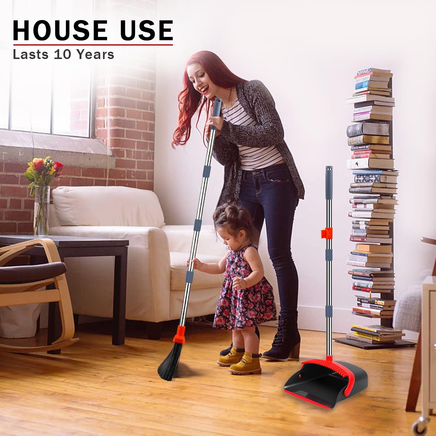 DJDTDTY broom and dustpan clipped upright for compact space-saving storage