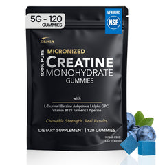 DLNIA front packaging showing blueberry creatine gummies and benefits