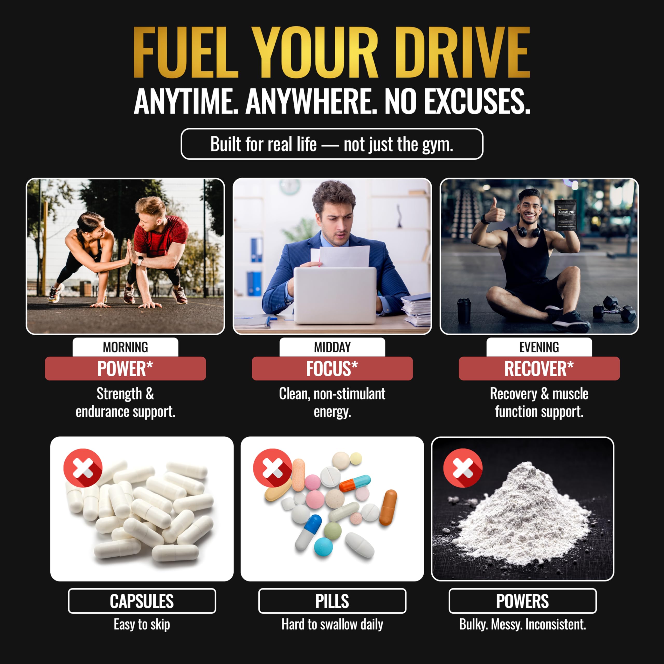 DLNIA ingredient callouts showing creatine monohydrate and L‑taurine