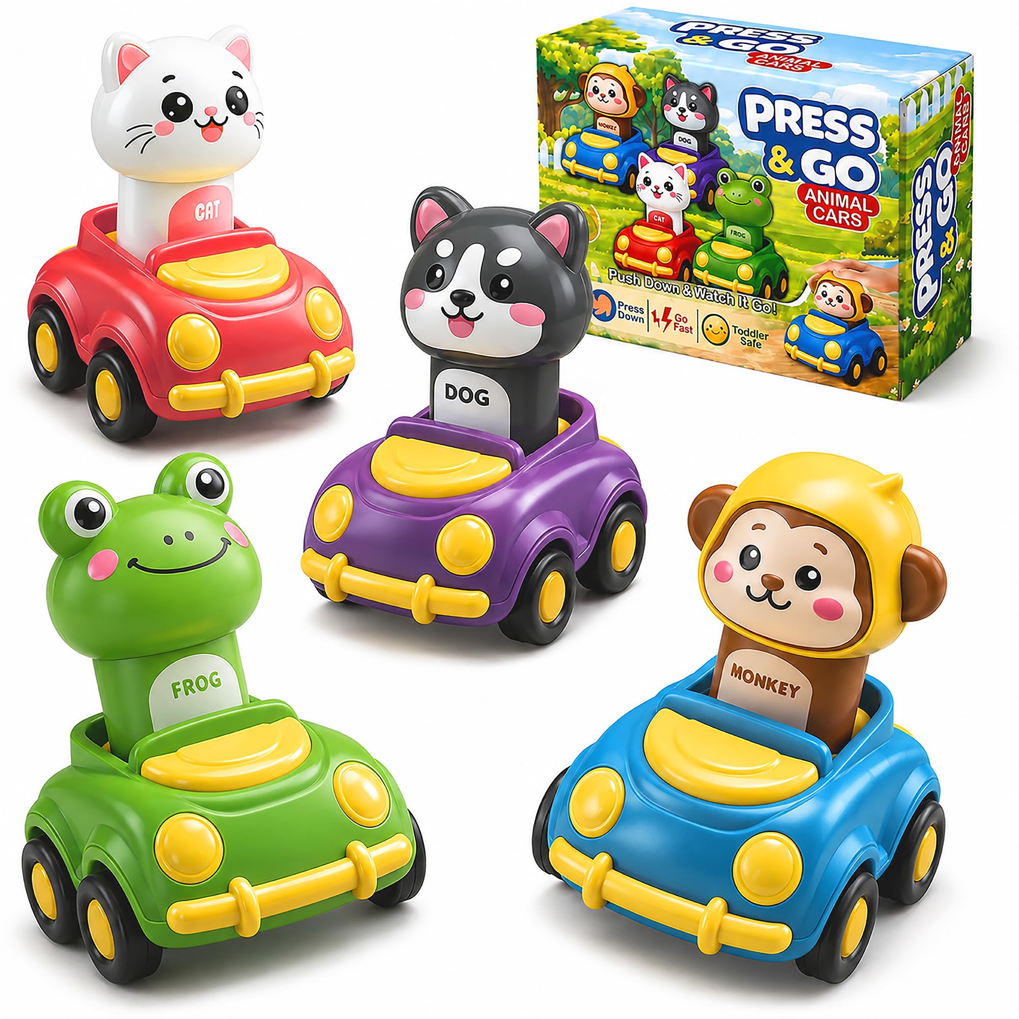 DMIGHT front packaging showing all four colorful animal cars, appeals to parents
