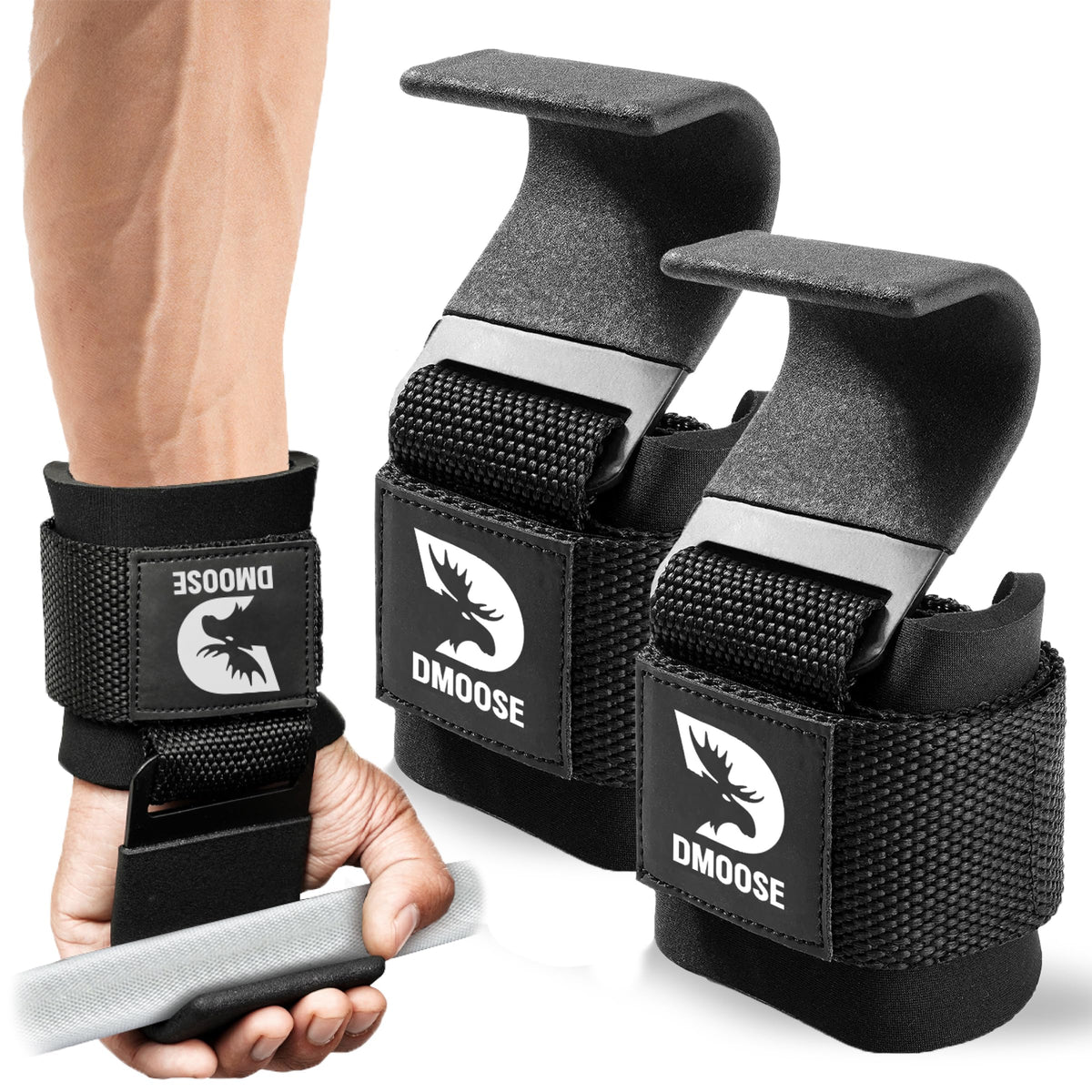 DMoose Fitness front view of lifting hooks showing branding and pair benefit