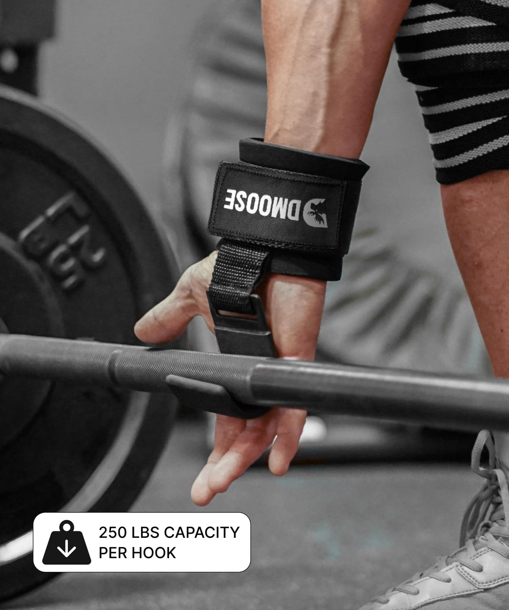 DMoose Fitness hooks in use on deadlift demonstrating stable bar hold
