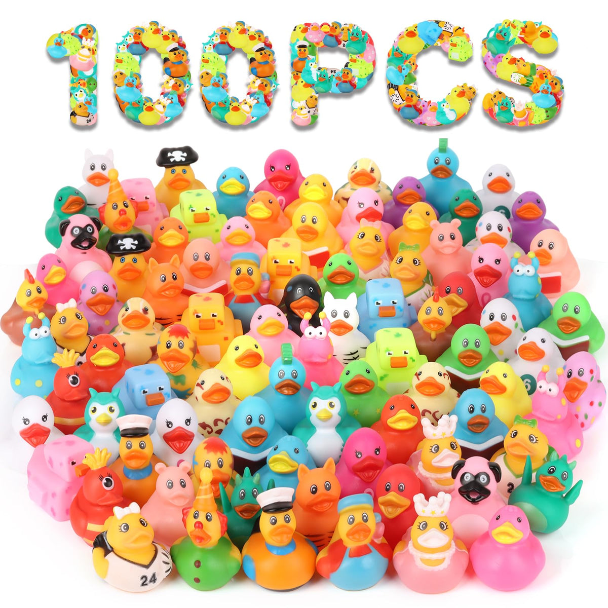 Dmsky front packaging showing 100 assorted duckies and bulk value