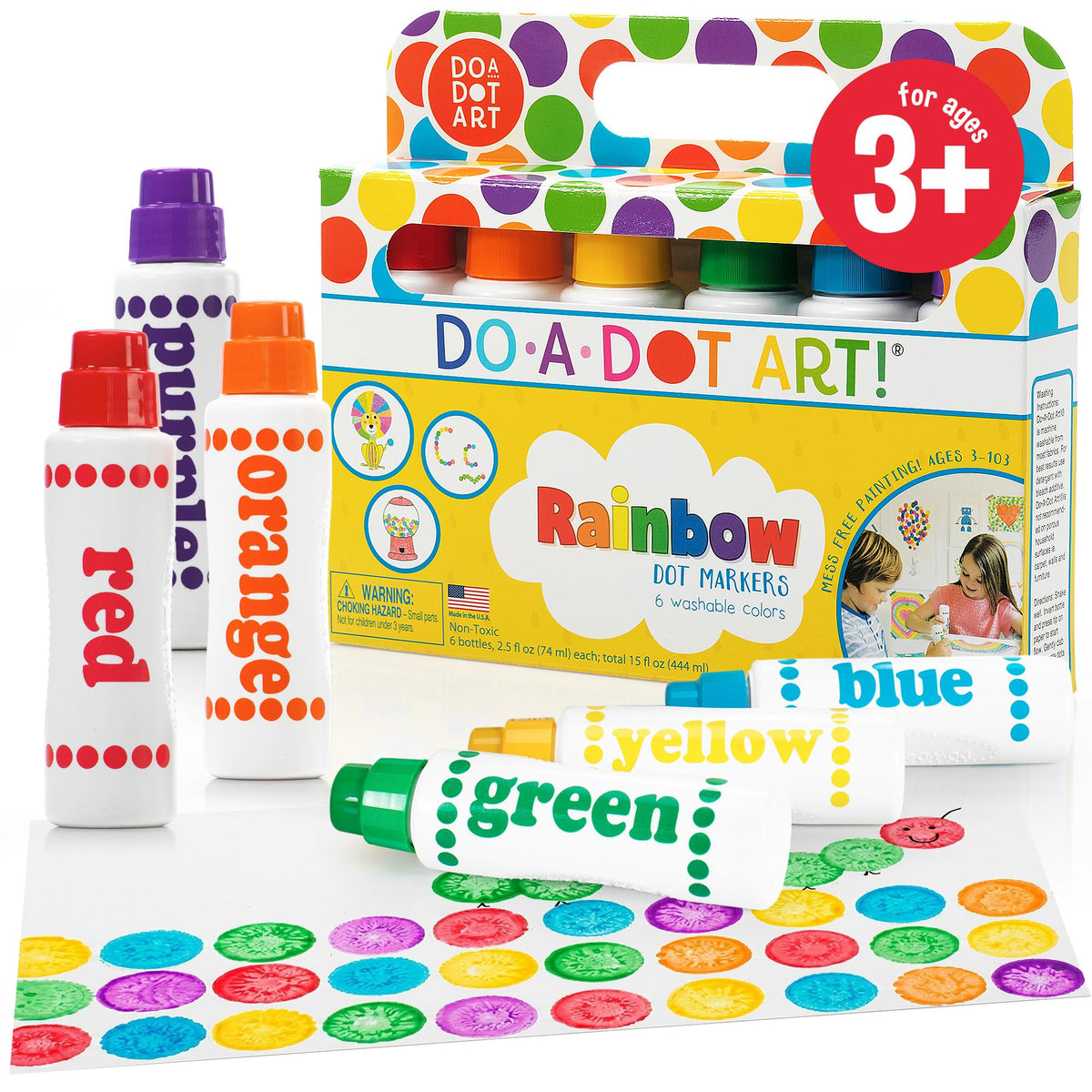 Do A Dot Art! front packaging showing six rainbow bottles and branding, clear benefits for classroom use