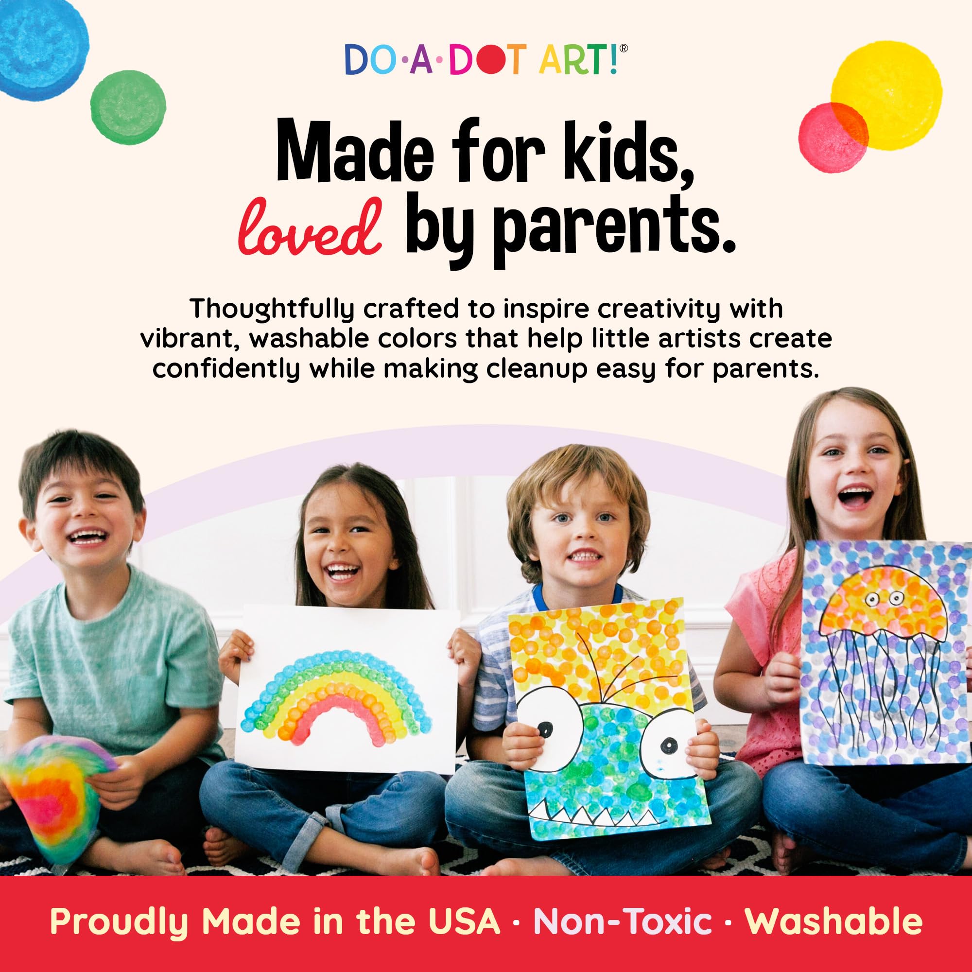 Do A Dot Art! label close-up highlighting gluten-free, latex-free, washable, and made-in-USA claims
